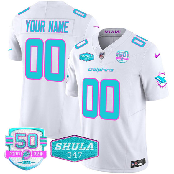 Men's Miami Dolphins Active Player Custom White F.U.S.E. 'Miami Vice' With 347 Shula Patch And 50th Perfect Season Patch Vapor Limited Stitched Football Jersey Men's Miami Dolphins Active Player Custom White F.U.S.E. 'Miami Vice' With 347 Shula Patch And 50th Perfect Season Patch Vapor Limited Stitched Football Jersey